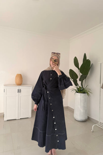 Tie Waist Denim Dress-Navy