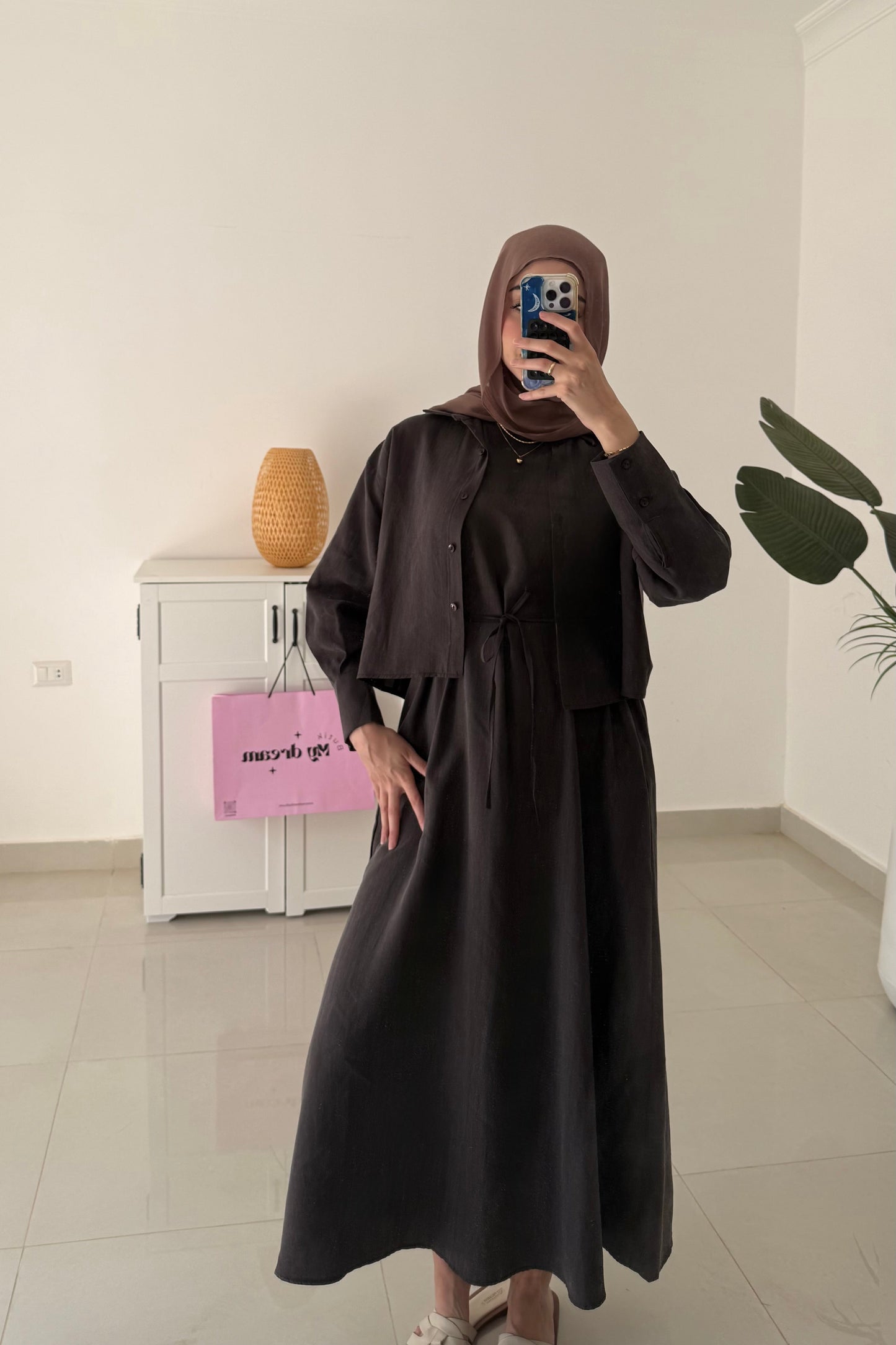 Belted Dress with Cropped Short- Brown