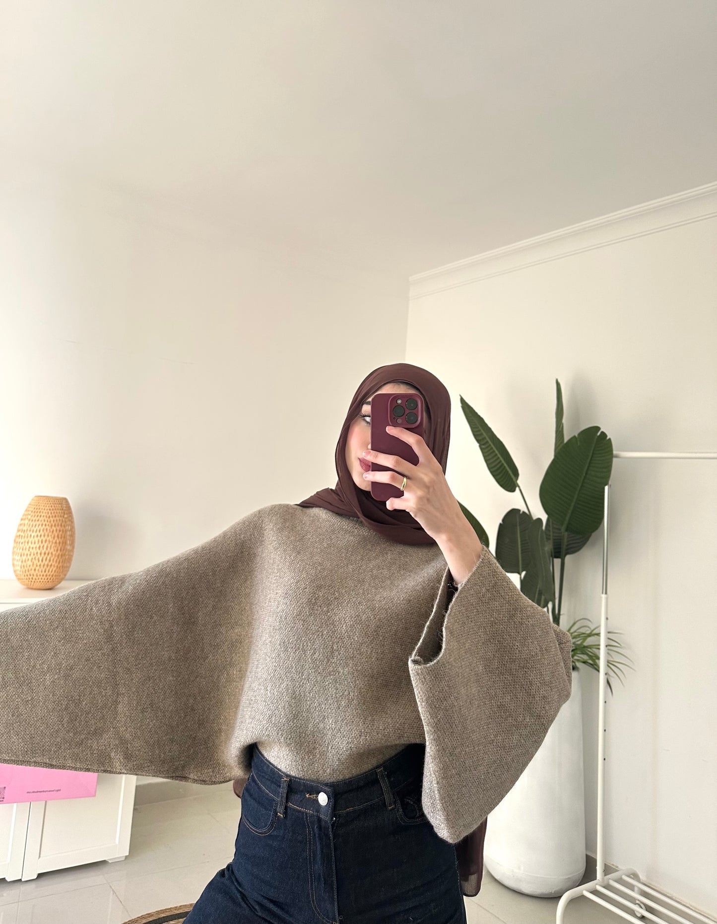 Batwing Sleeve Oversized Sweater- Light Brown