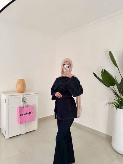 Belted Denim Set- Navy Blue