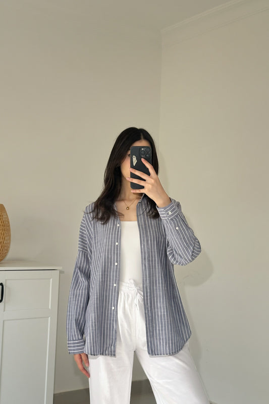 Linen Striped Shirt- Grey