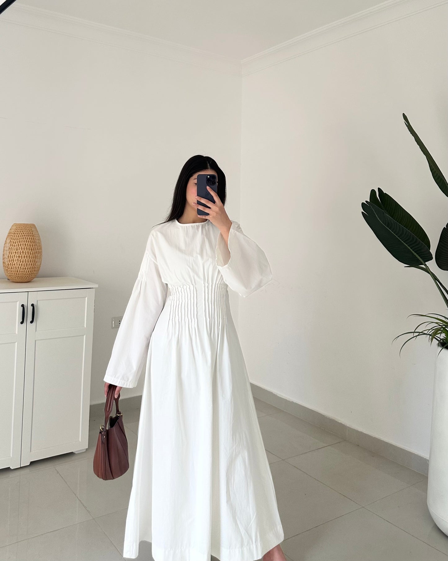Pleated Waist Belted Dress-White