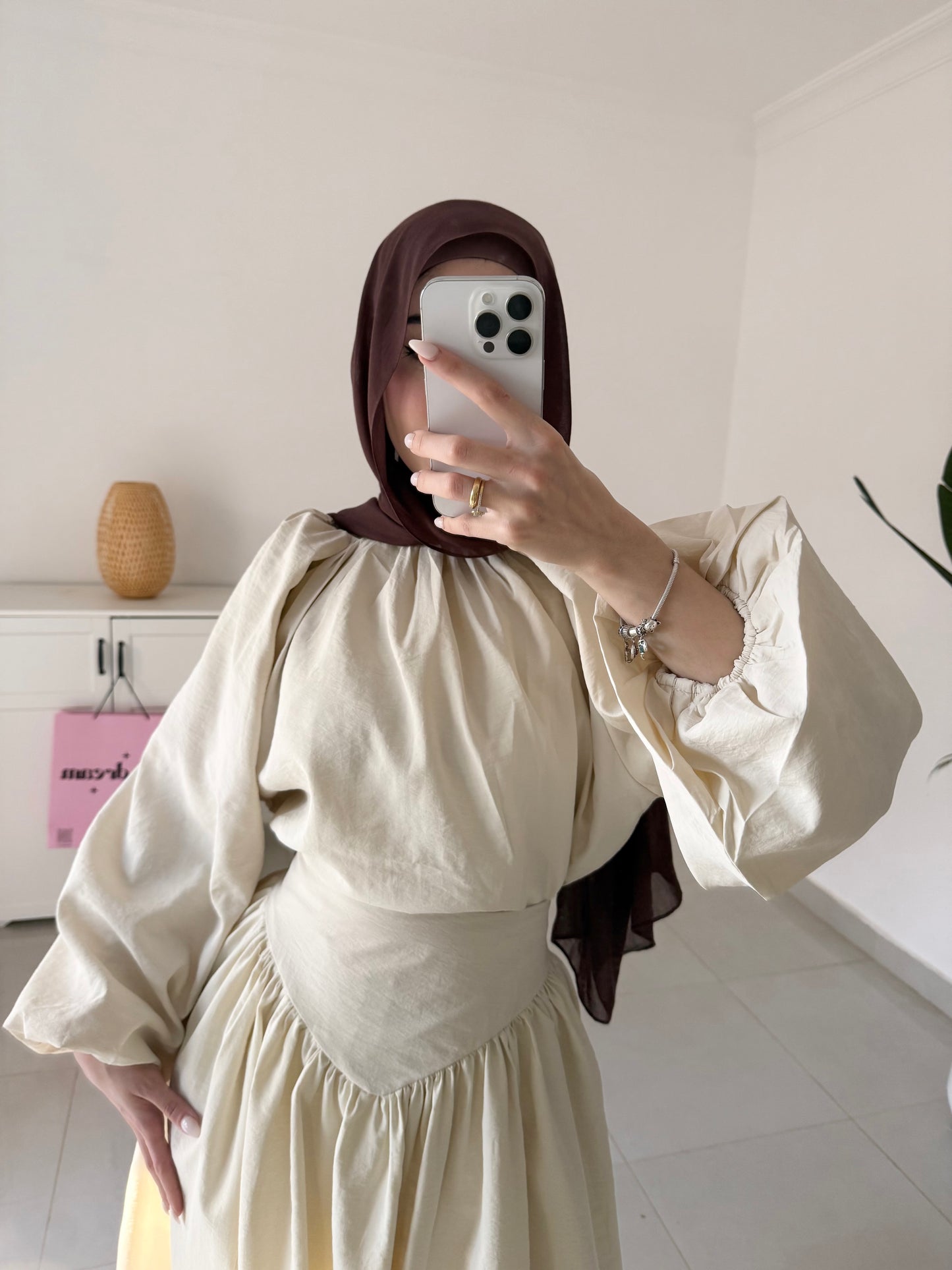 Lantern Sleeve Skirt Set- Beige