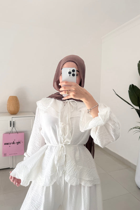 Ruffles Details Wide Leg Pants Set- White
