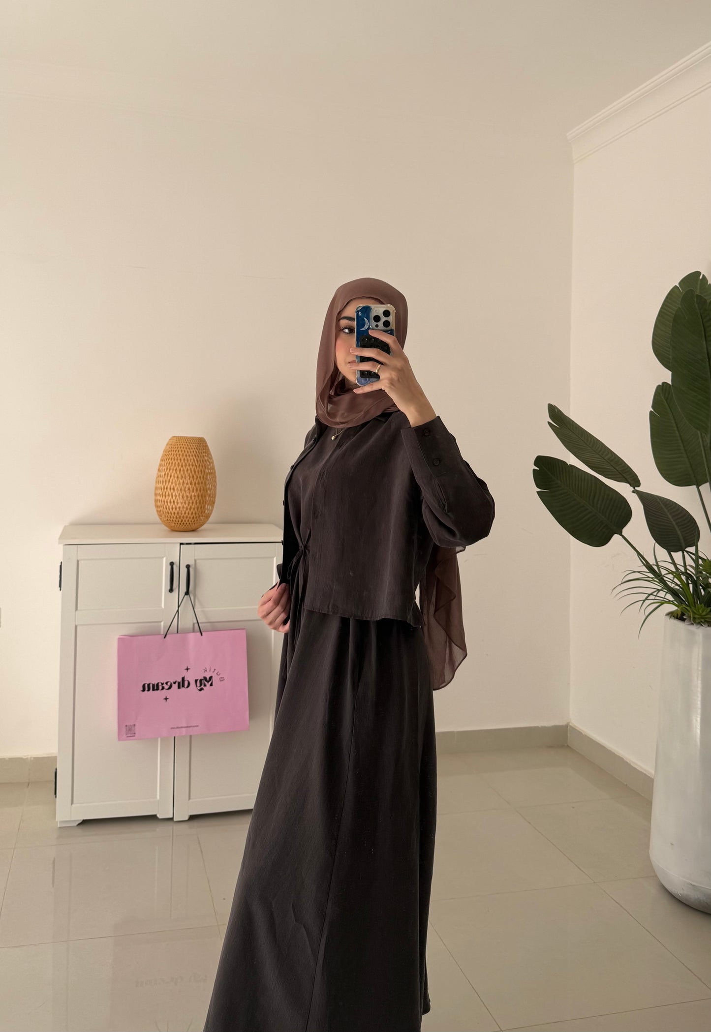 Belted Dress with Cropped Short- Brown