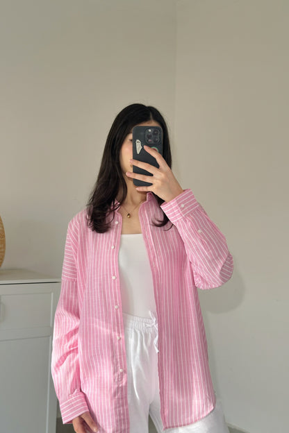 Linen Striped Shirt-Pink