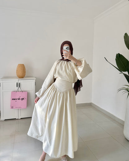 Lantern Sleeve Skirt Set- Beige