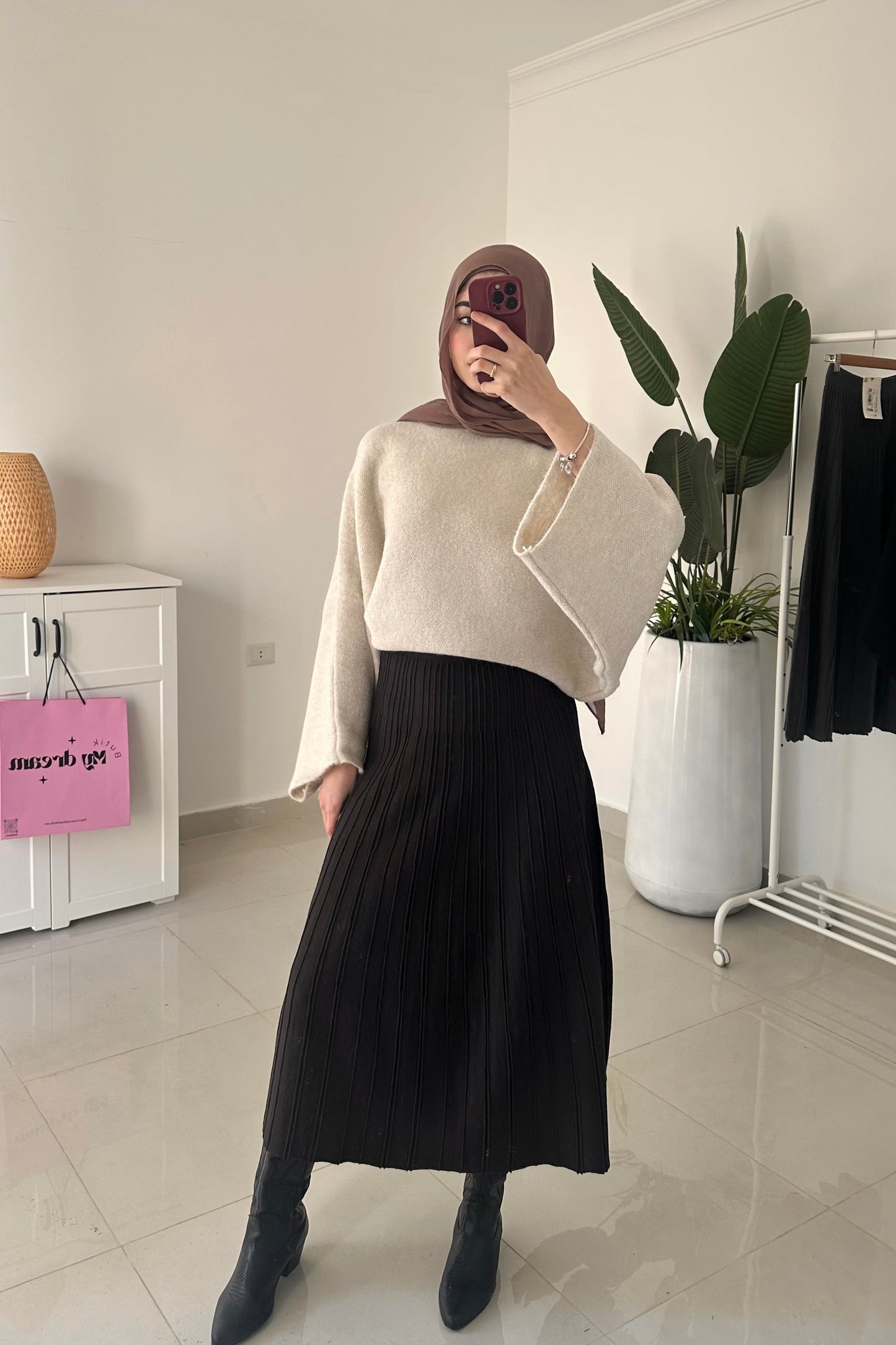 Pleated Triko Skirt- Brown