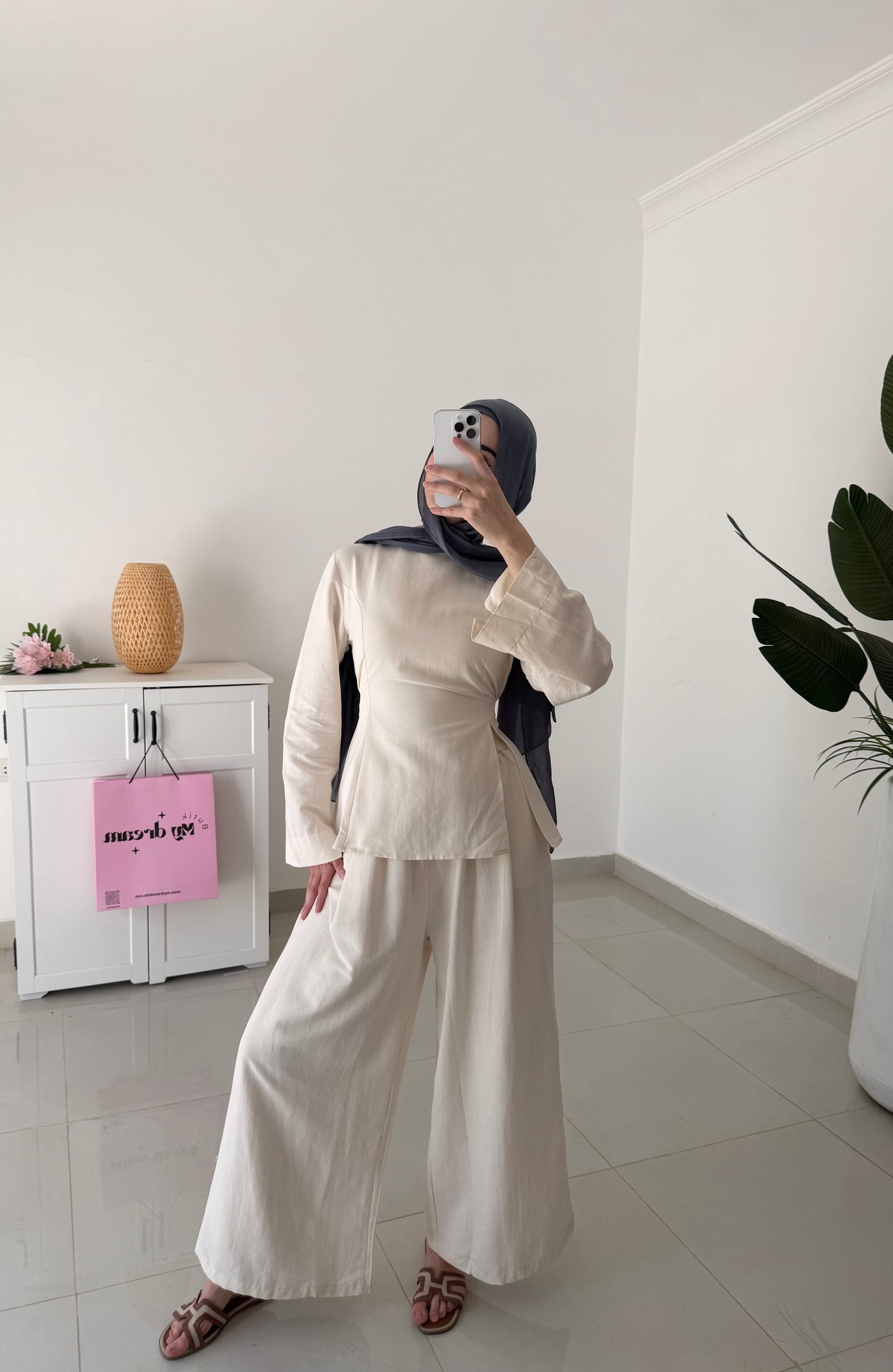 Waisted Cotton Linen Set- Beige