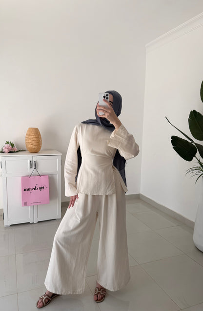 Waisted Cotton Linen Set- Beige