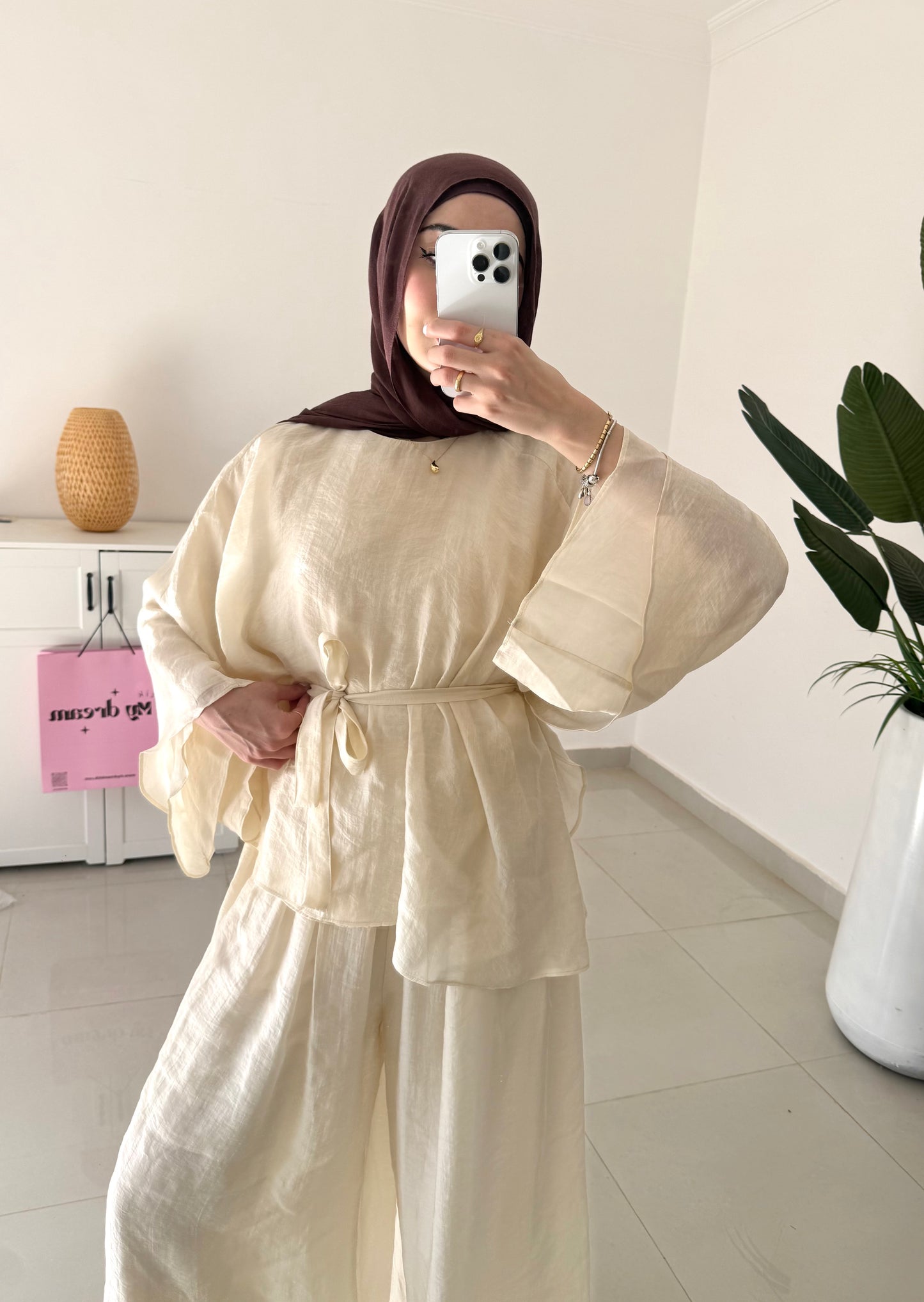 Reem Belted Pants Set- Yellowish beige