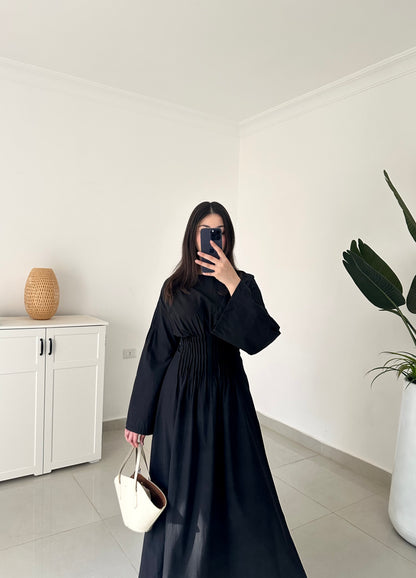 Pleated Waist Belted Dress-Black