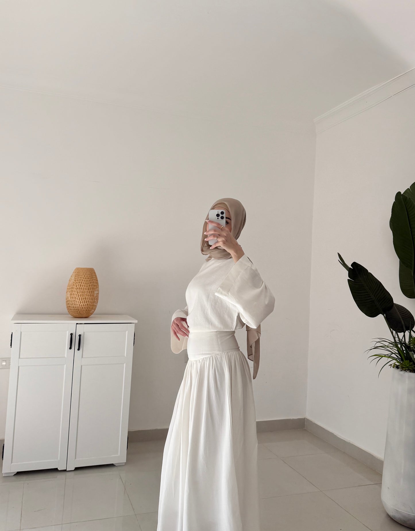 Drop Waist Linen Skirt Set- White