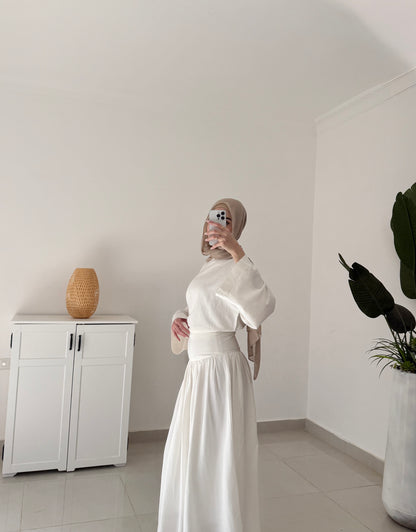 Drop Waist Linen Skirt Set- White