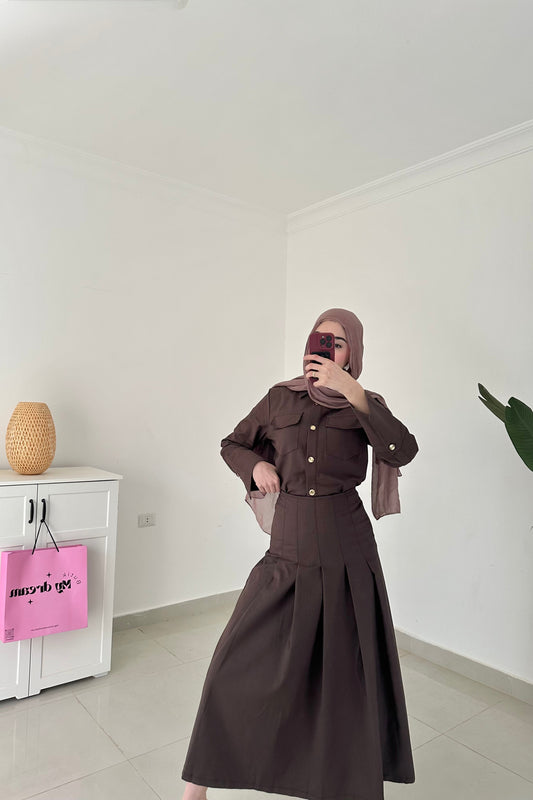 Drop Waist Pleated Skirt- Brown