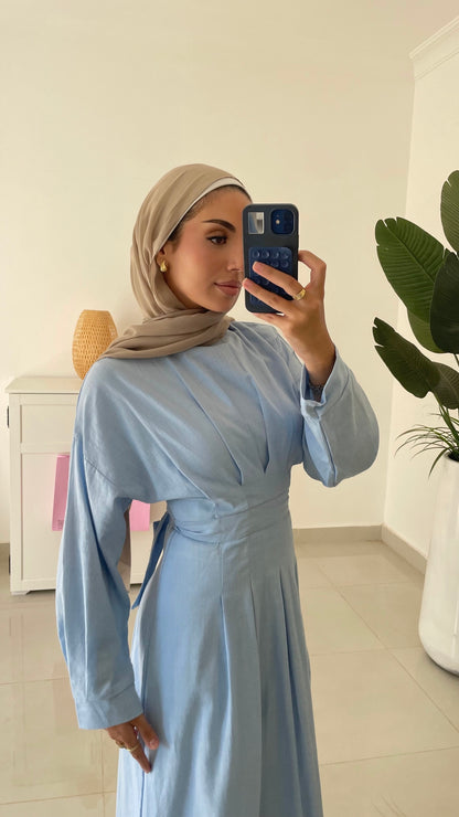 Linen Waisted Dress- Blue