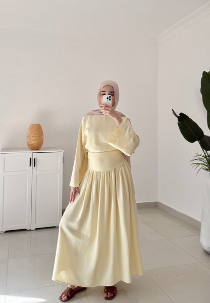 Drop Waist Linen Skirt Set- Yellow