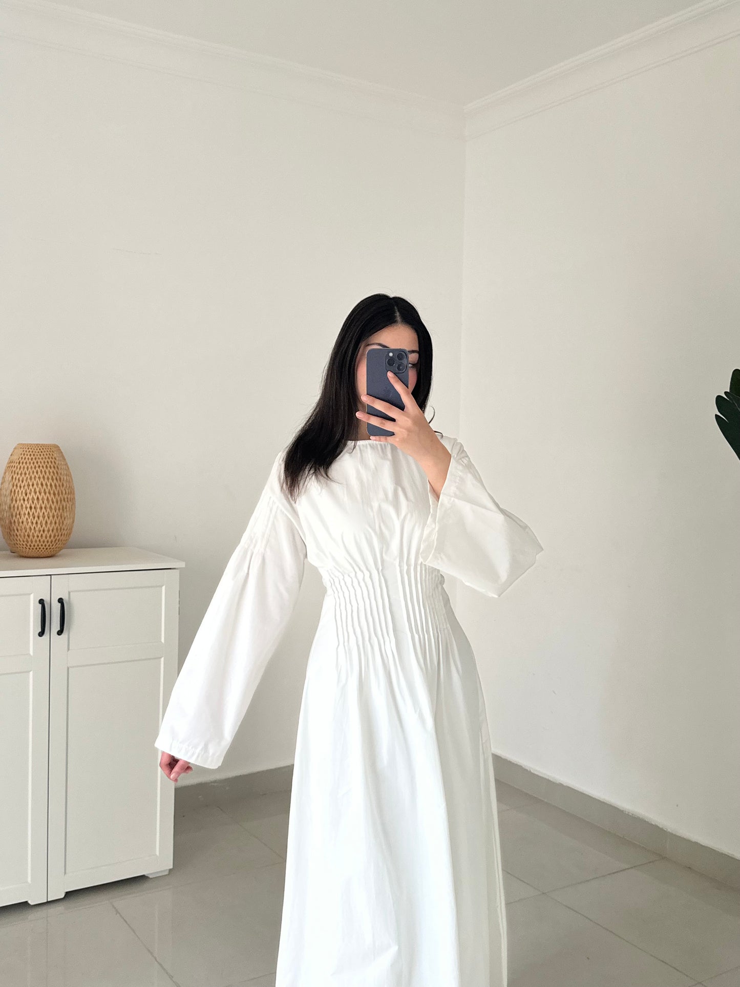 Pleated Waist Belted Dress-White
