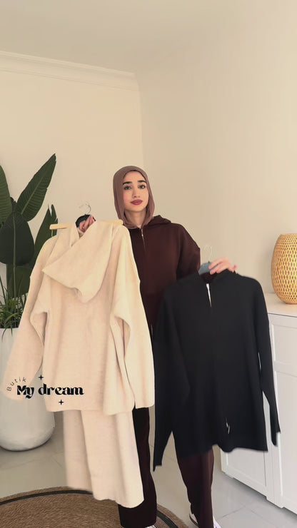 Knit Hooded Cardigan Set- Beige